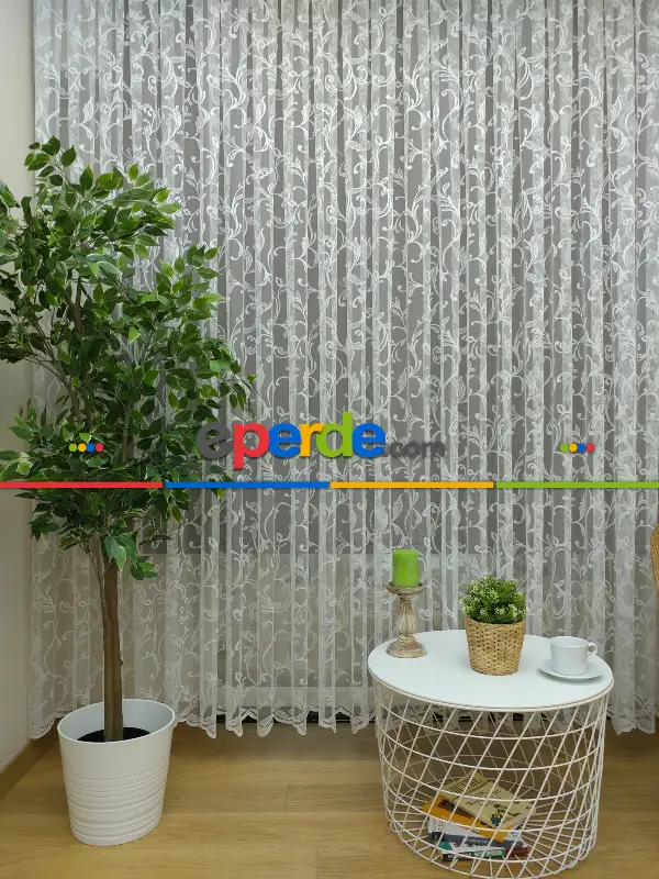 ( Orjinal ) Sarmaşık Desenli Fransız Dantel Tül Perde- Ekru