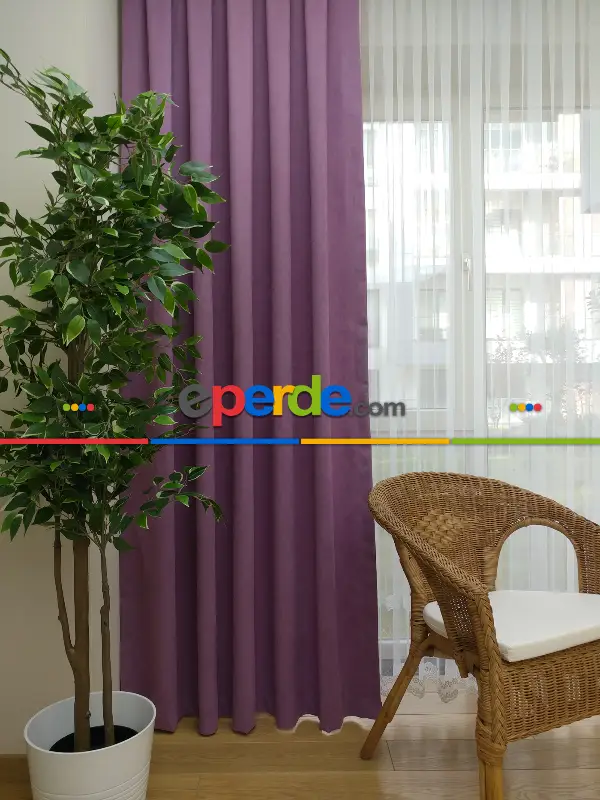 Eflatun Düz Sade Mutfak Fon Perde Yan Kanat Perdesi- Eflatun