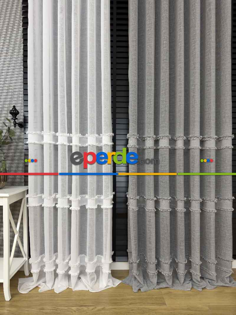Yeni Trend Saçaklı Bantlı Keten Tül Perde Ekru Ve Gri Renk Seçenekleri