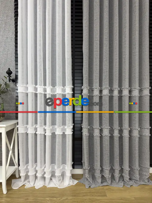 Salon Tül Perde - Yeni Trend Saçaklı Bantlı Keten Tül Perde Ekru Ve Gri Renk Seçenekleri