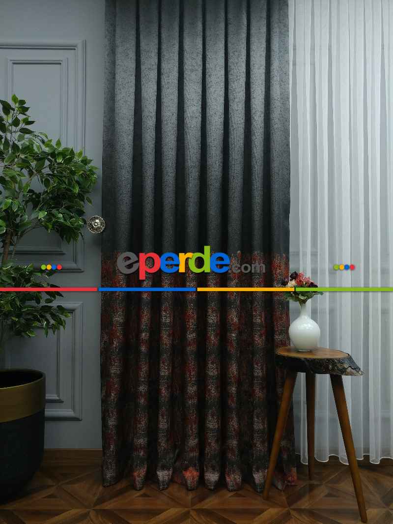 Patinedesenli Antrasit Kremit Jakar Fon Perde (180)- Kiremit Rengi