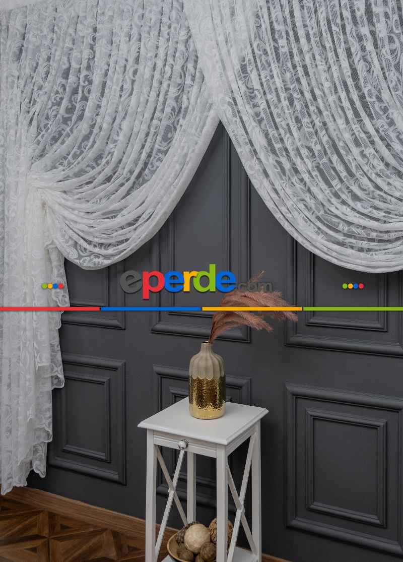 Taç Tül Perde - Tül Perde - Desenli Tül - Örme Tül - Kruvaze Şal Desen Tül Perde