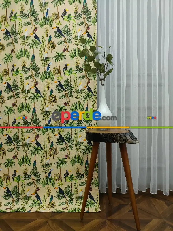 Tropikal Desenli Fon Perde Evm739 Kumaşı Kalındır Duck Bezi Değildir- Mavi-Kahverengi-Sarı-Beyaz-Krem-Açık Yeşil