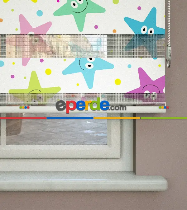 Yıldız Desenli Baskılı Zebra Perde- Çok Renkli