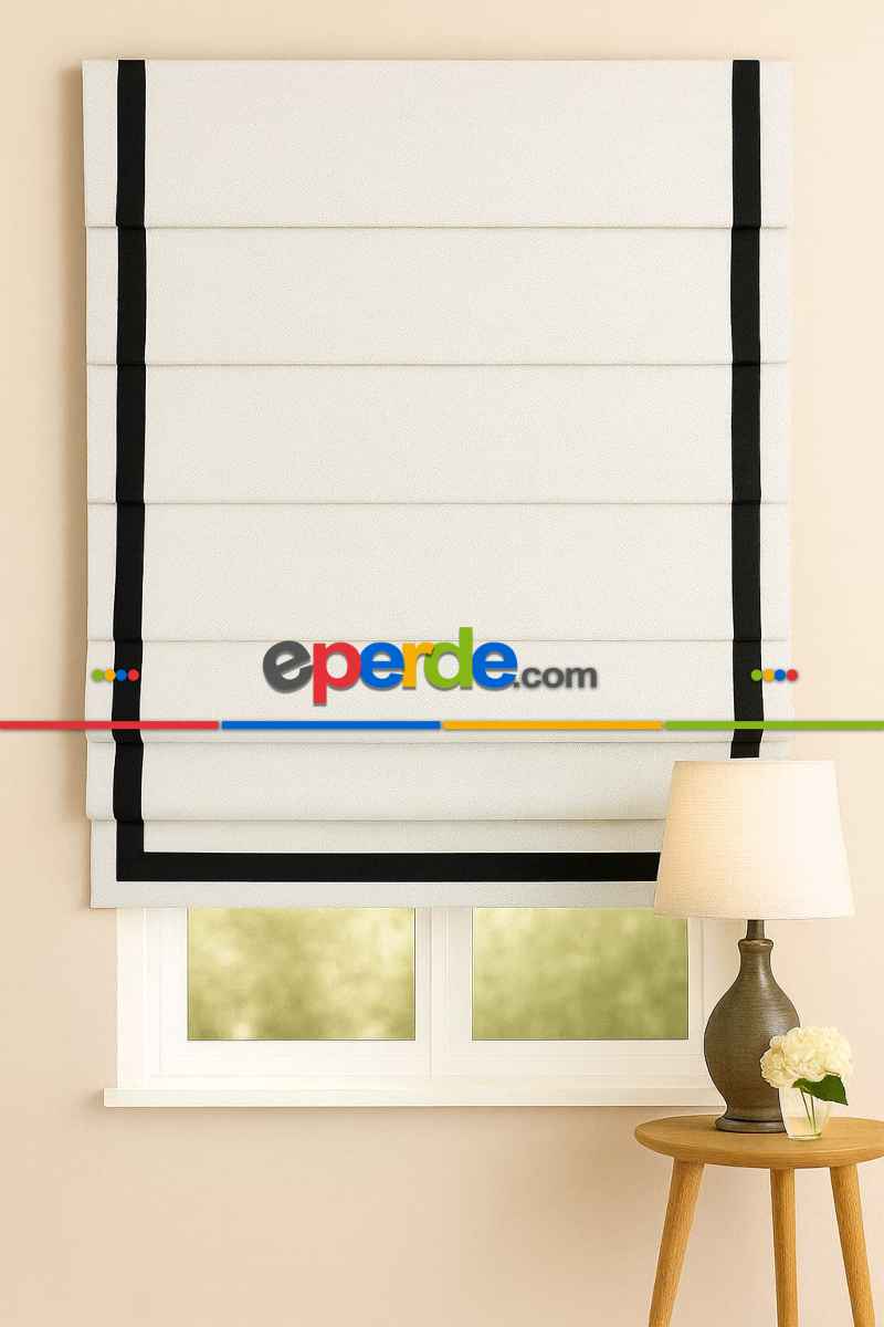 Katlamalı Perde Beyaz Fon Kumaş Siyah Biyeli