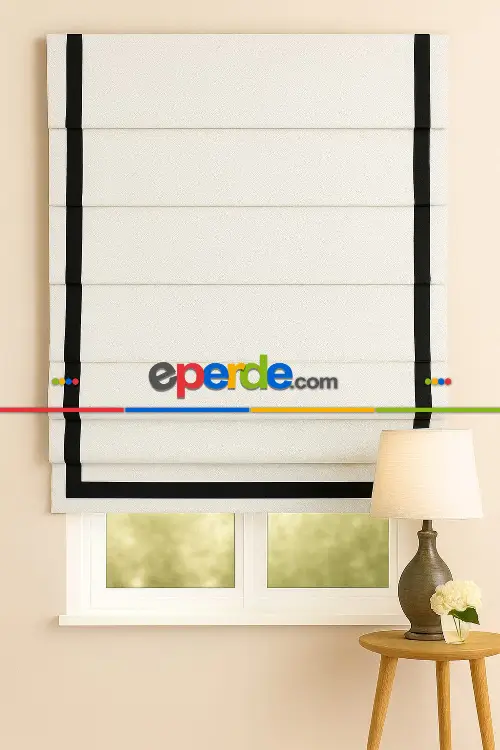 Katlamalı Perde Beyaz Fon Kumaş Siyah Biyeli