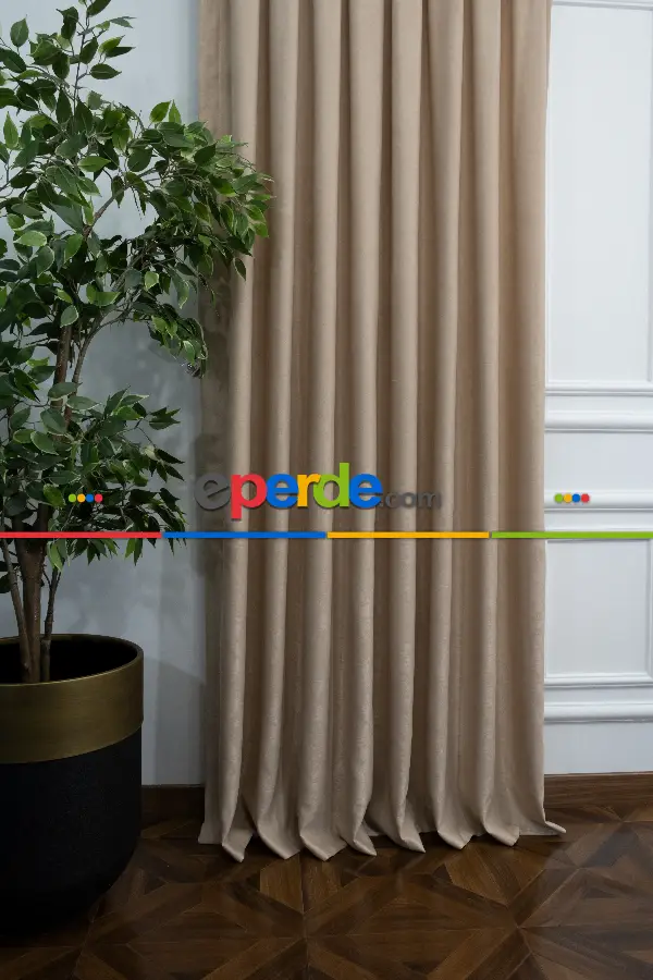 Salon - Soft Taş Rengi Fon Perde Dökümlü En - Taş Rengi