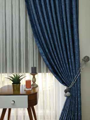 Patinedesenli Mavi Renk Jakar Desenli Fon Perde- Mavi