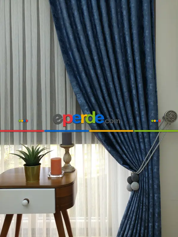 Mavi Renk Jakar Desenli Fon Perde- Mavi