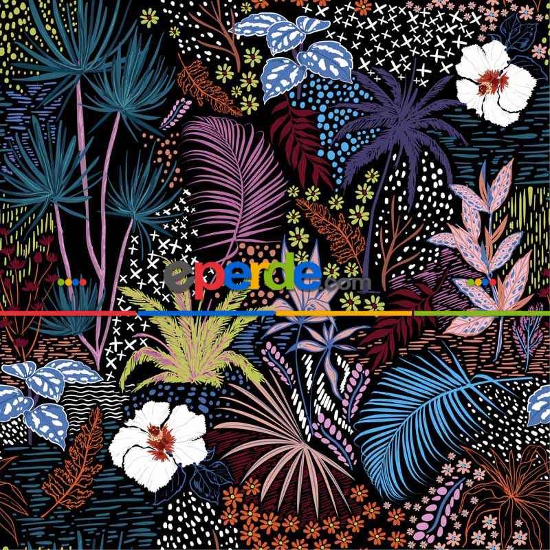 Oturma Odası Tropkal Desenli Fon Perde Evm1101kumaşı Kalındır Duck Bezi Değildir- Siyah-Mavi-Beyaz- Çok Renkli 2