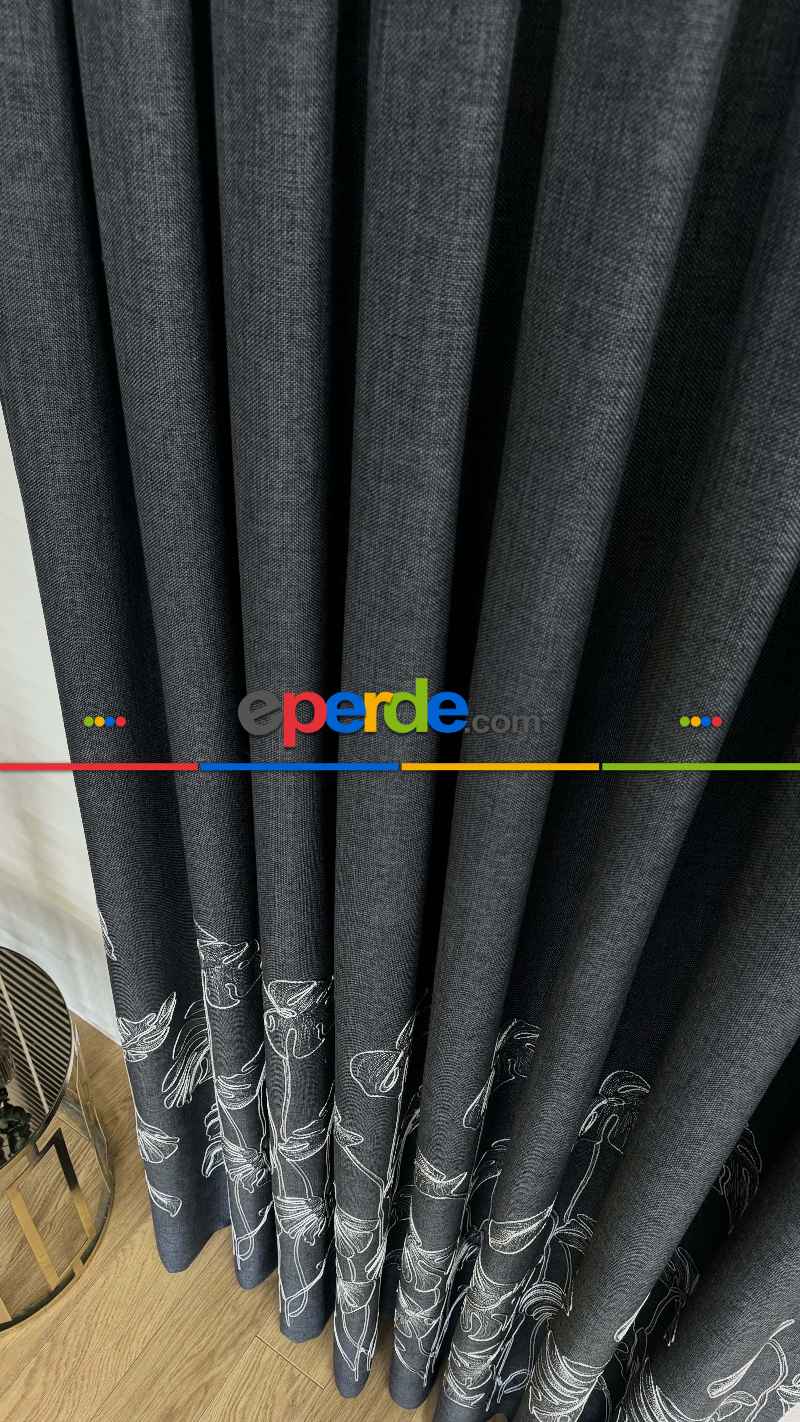 Antrasit Gri Palmiye Yaprak Desen Premium Keten Jakar Dokuma Nakışlı Pano Fon Perde - Gramajlı 2025