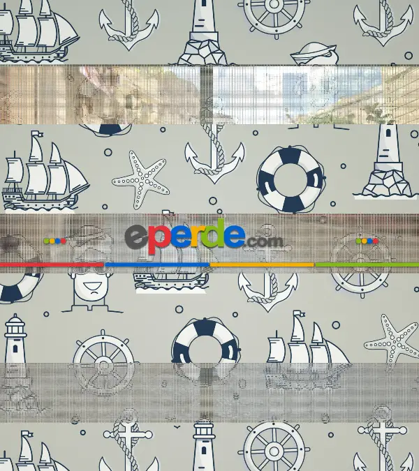 Bebek Odası Zebra Perde - Çapa Desen Baskılı Zebra Perde- Mavi-Beyaz