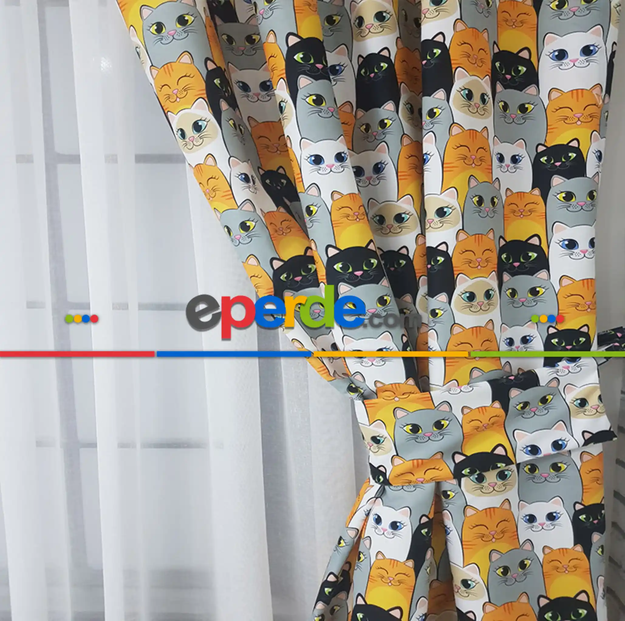 Kedi Resimli Fon Perde Evm450 -h - Kumaşı Kalındır Duck Bezi Değildir.- Siyah-Sarı-Kahve-Çok Renkli