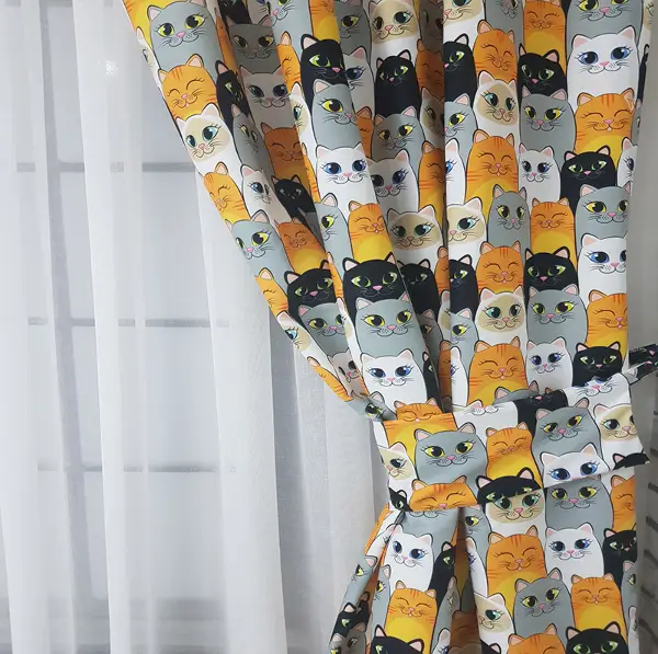 Bebek Odası Fon Perde - Kedi Baskılı Fon Perde- Siyah