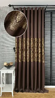 Kahverengi Altın Fon Perde, Damask Desenli