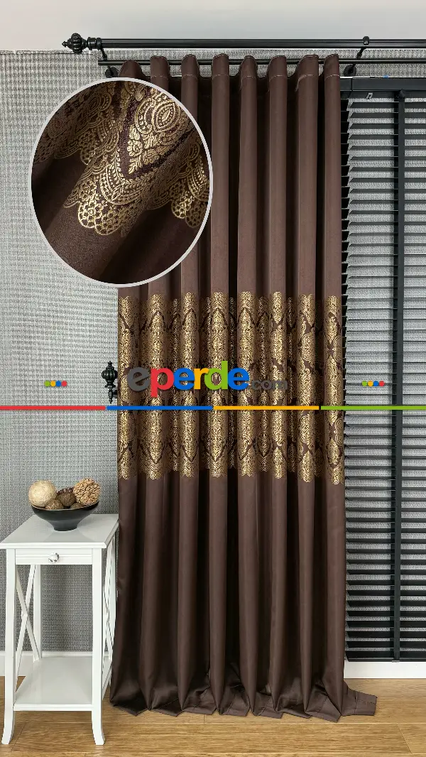 Kahverengi Altın Fon Perde, Damask Desenli