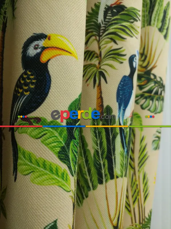 Tropikal Desenli Fon Perde Evm739 Kumaşı Kalındır Duck Bezi Değildir- Mavi-Kahverengi-Sarı-Beyaz-Krem-Açık Yeşil