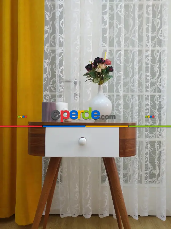Sarmaşık Desenli Tül Perde- Ekru Bt 563