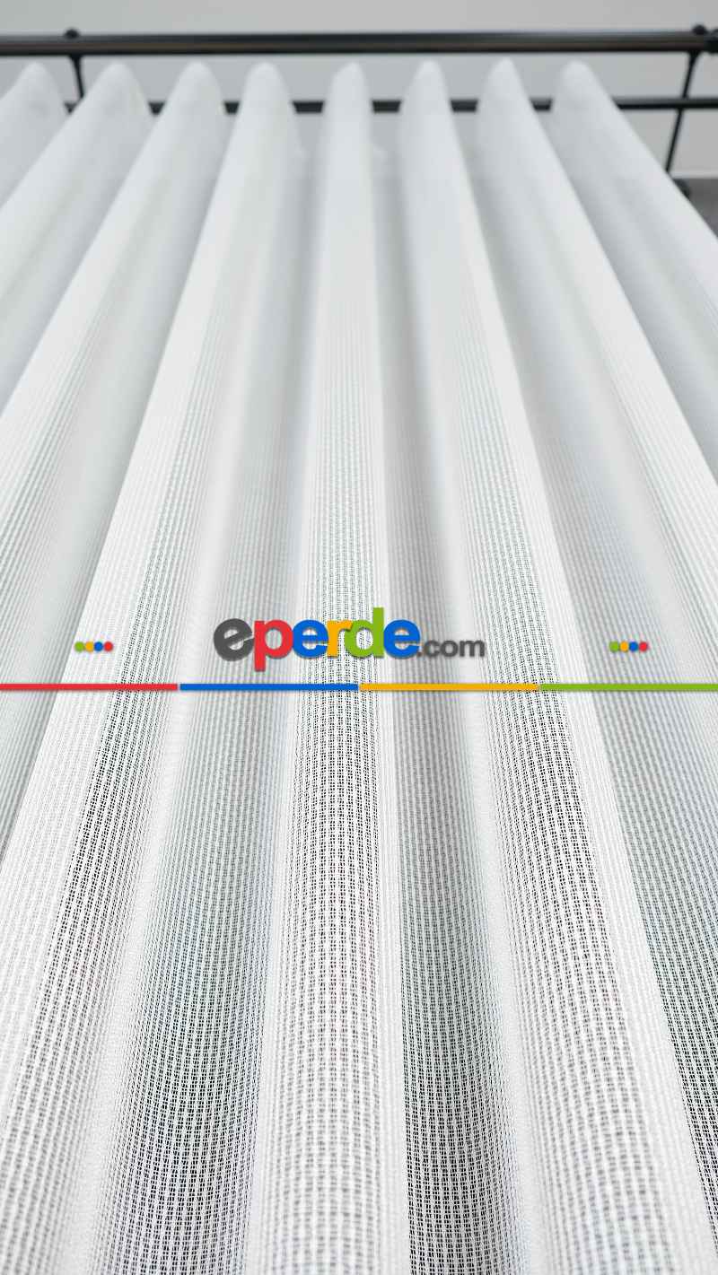 Ekru Çizgili Tül Perde, Ağır Gramajlı Premium Seri, Eteği Kurşunlu