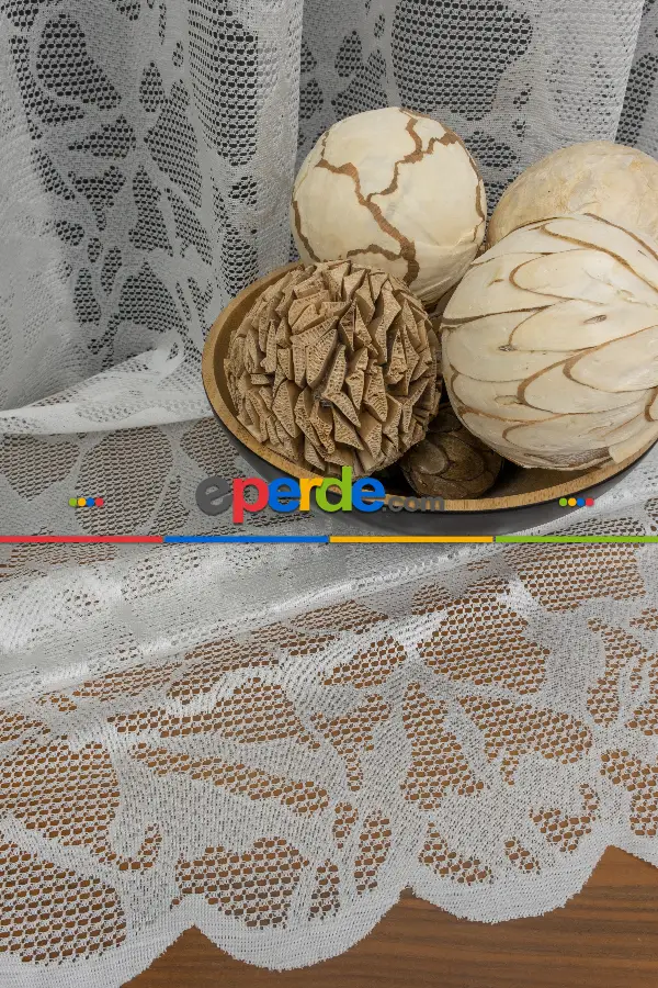 Salon - Eteği Desenli Örme Tül - Ekru Renk Yüksek Kalite