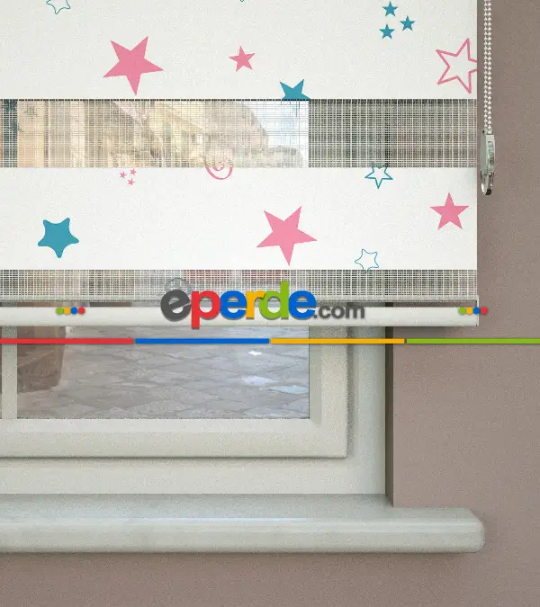 Yıldız Desenli Baskılı Zebra Perde- Çok Renkli