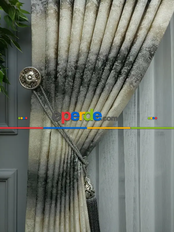 Patine Desenli Gökkuşagı Desen Jakar Fon Perde En- Gri