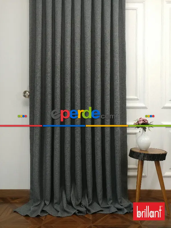 Yatak Odası - Brillant Keten Gri Renk Düz Fon Perde - Gri-füme-antrasit