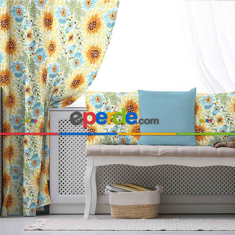 Çiçekli Fon Perde Evim1599 Kumaşı Kalındır Duck Bezi Değildir- Mavi-beyaz