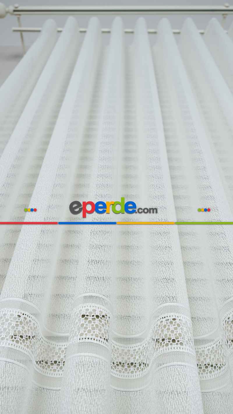 Ekru Enine Bantlı Çizgili Tül Perde, Ağır Gramajlı Premium Seri