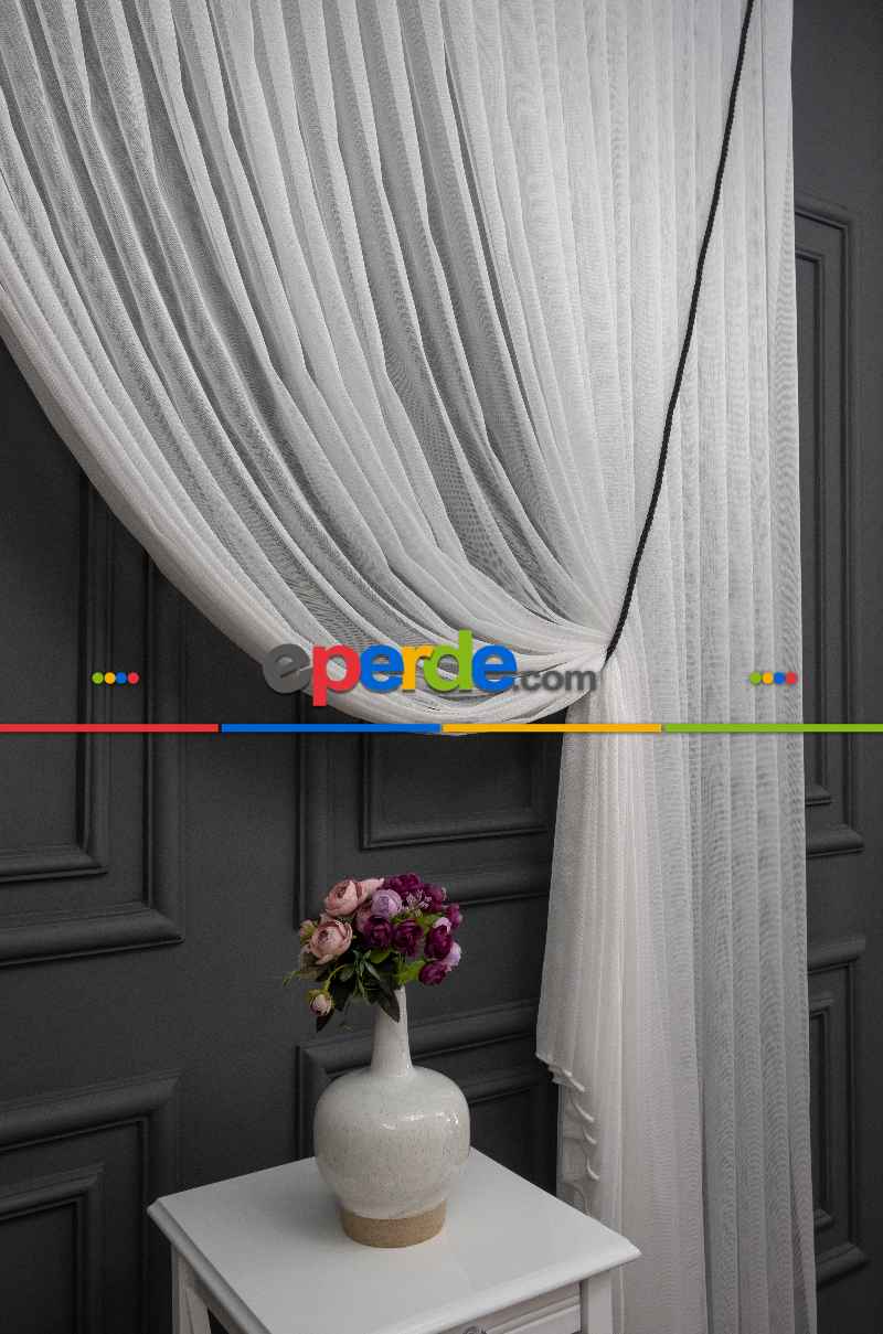 Salon Tül - Ekru Monaliza Dökümlü Tülden Yalancı Kruvaze - Tülden Fon - Yana Toplamalı Tül - Kordon Toplama Tül - Çift Veya Tek Kanat - Kurşunlu Tül - Kordon Renkleri Mevcut