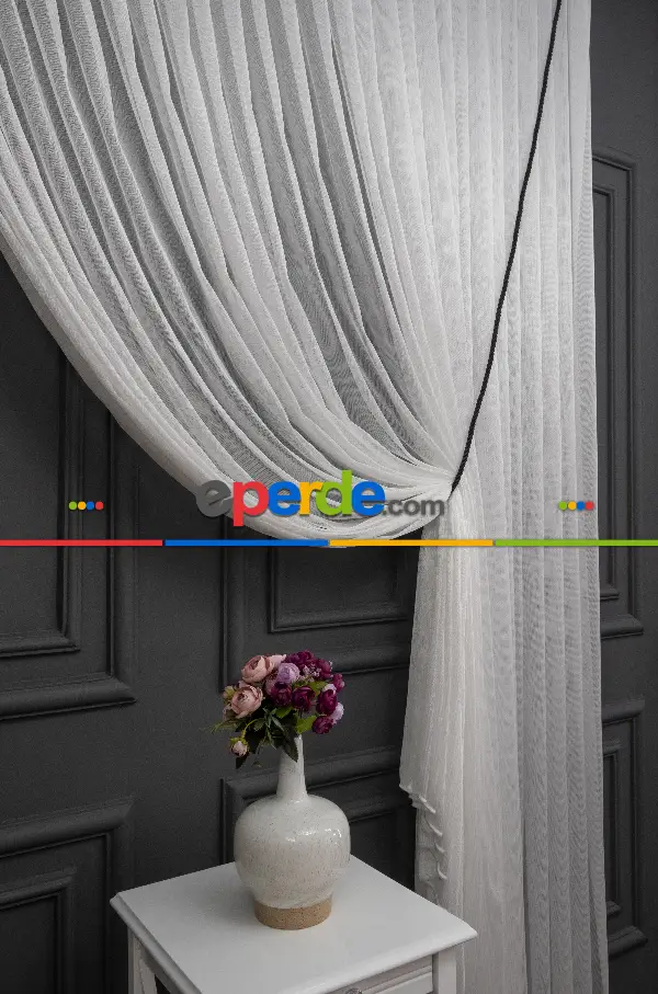 Ekru Monaliza Dökümlü Tülden Yalancı Kruvaze - Tülden Fon - Yana Toplamalı Tül - Kordon Toplama Tül - Çift Veya Tek Kanat - Kurşunlu Tül - Kordon Renkleri Mevcut