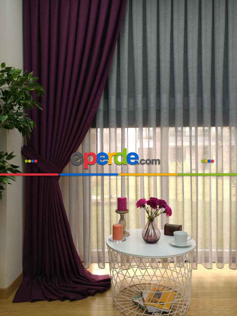 Keten Mor Düz Fon Perde- Mor