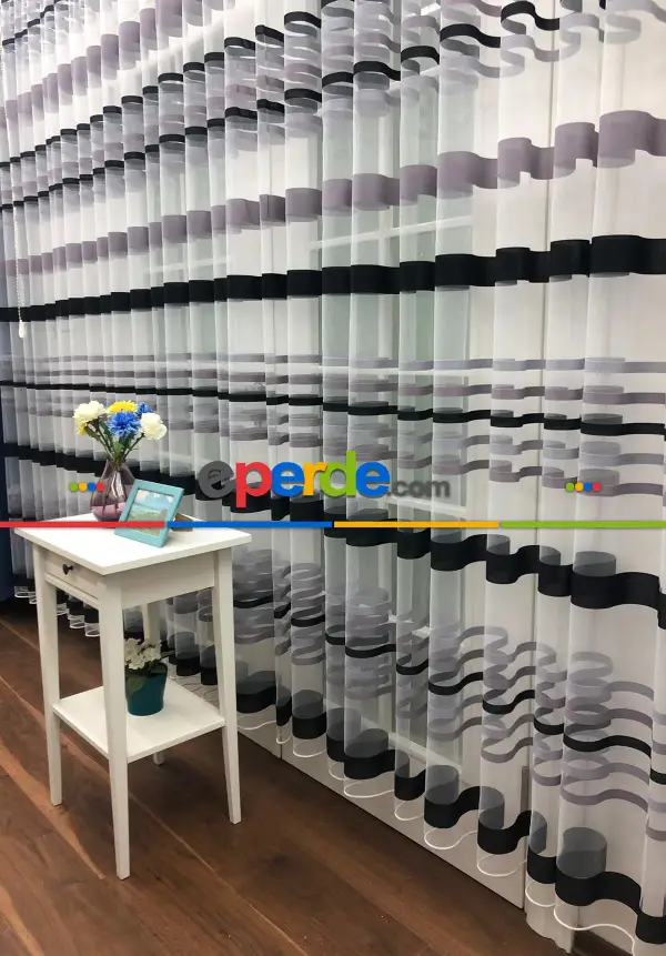 Enine Çizgili Bantlı Spor Tül Perde- Siyah-gri Açık-gri Koyu-ekru - Kurşunlu Tül