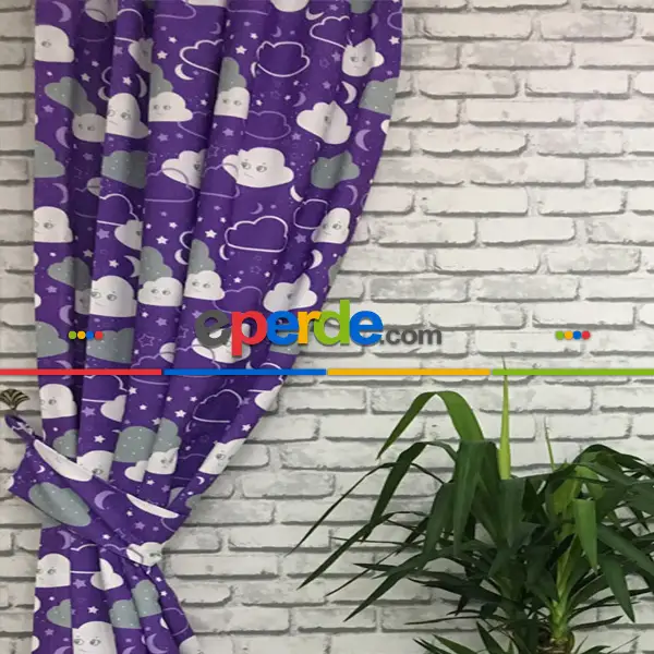 Bebek Odası Fon - Bulut Desenli Fon Perde Evm683-3 Kumaşı Kalındır Duck Bezi Değildir- Beyaz