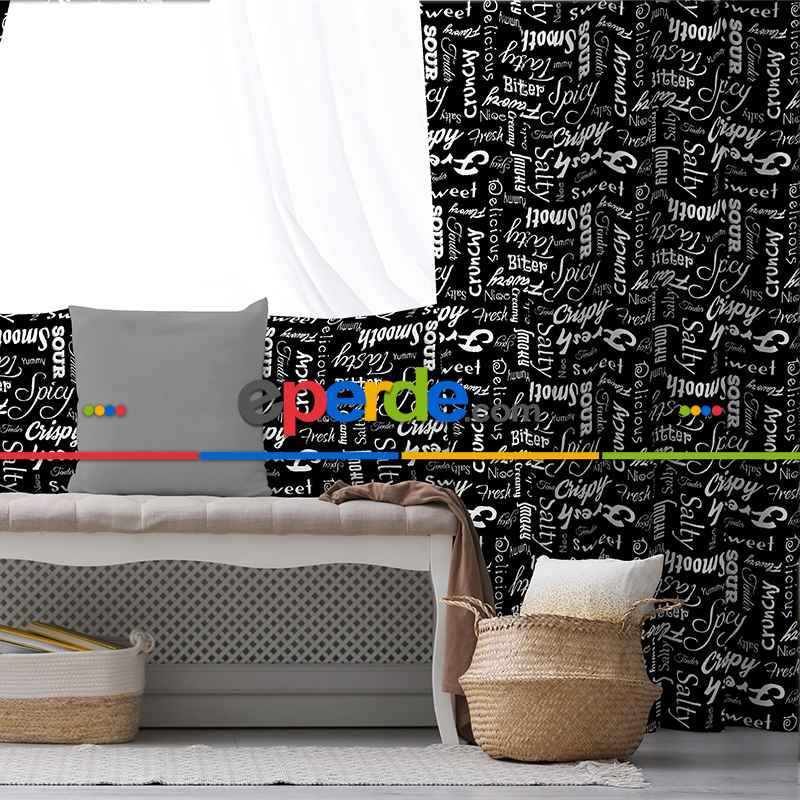 Siyah Yazılı Desenli Fon Perde Evim271 Kumaşı Kalındır Duck Bezi Değildir- Mavi-beyaz