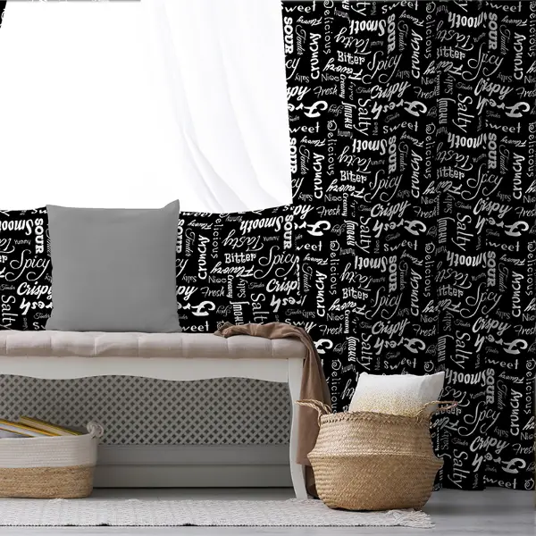 Siyah Yazılı Desenli Fon Perde Evim271 Kumaşı Kalındır Duck Bezi Değildir- Mavi-beyaz