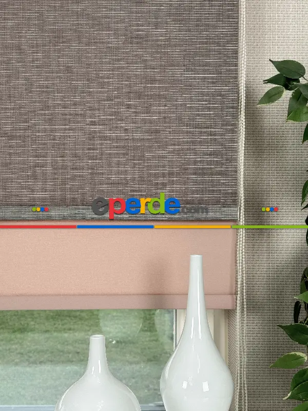 Yavruağzı Kahverengi Çiftli Sistem Tül Stor Perde, Standart Metal Kasalı Yüksek Kalite Kornişe Kolay Montaj Seçenekli