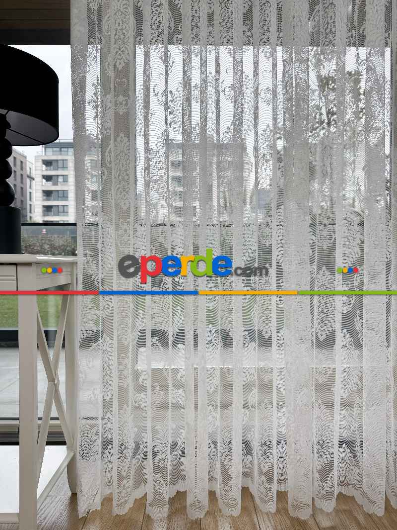 Oturma Odası - Damask Desenli Fransız Dantel Örme Tül Perde, Desenli Ütü İstemeyen Tül