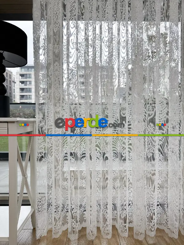 Damask Desenli Fransız Dantel Örme Tül Perde, Desenli Ütü İstemeyen Tül