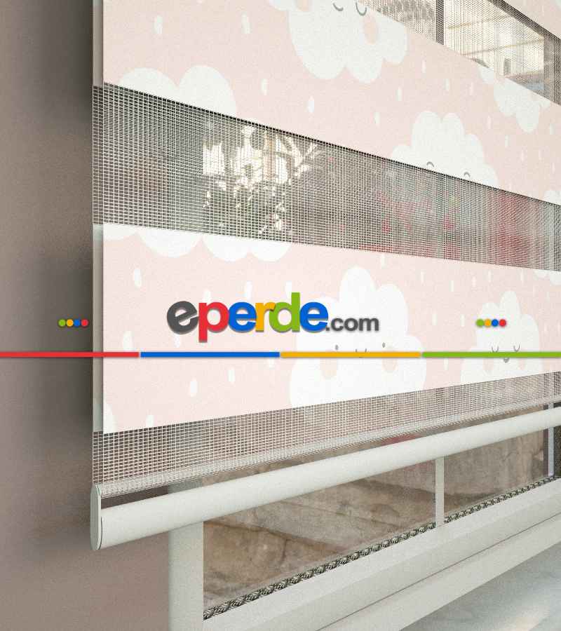 Bulut Desenli Baskılı Zebra Perde- Çok Renkli