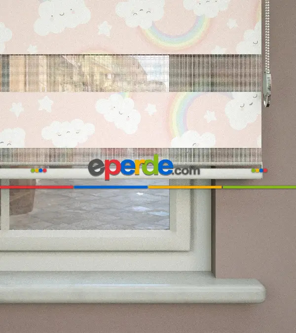 Bulut Desenli Baskılı Zebra Perde- Çok Renkli