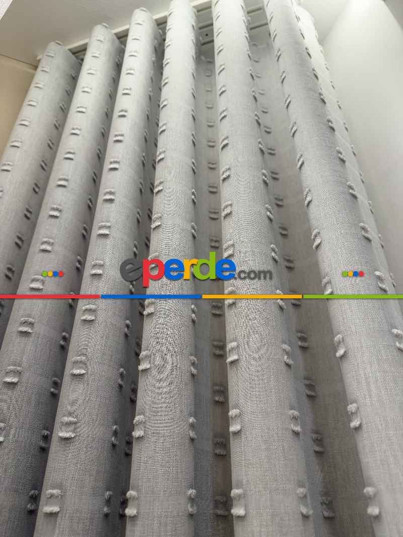 Gri Ponpon Nakışlı Tül Perde, Premium Kalite Seri