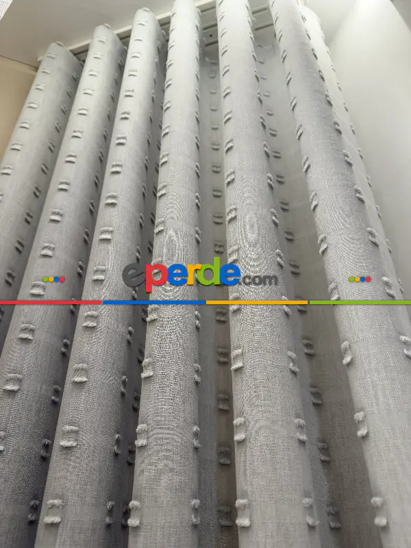 Salon - Gri Ponpon Nakışlı Tül Perde, Premium Kalite Seri