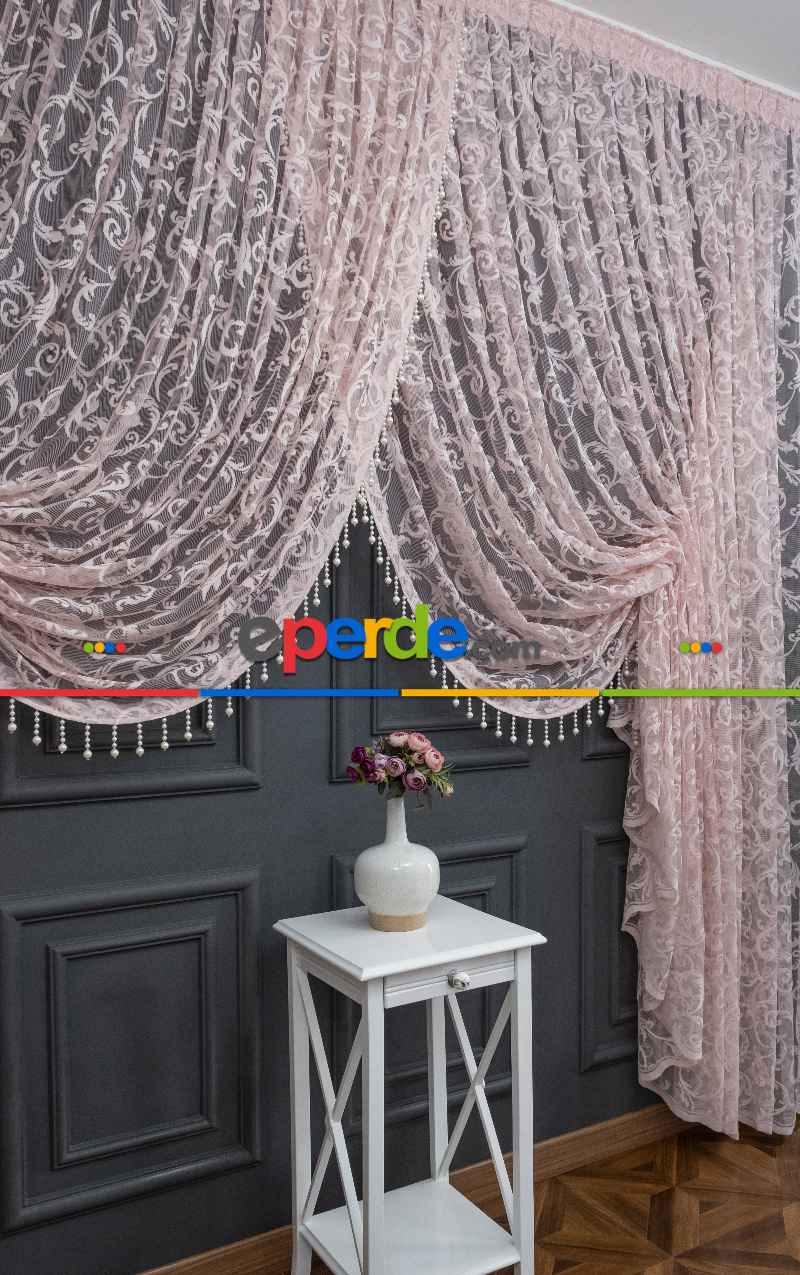 Pudra Pembe Sarmaşık Desen Şal Model Tül Kruvaze Yanki Tül