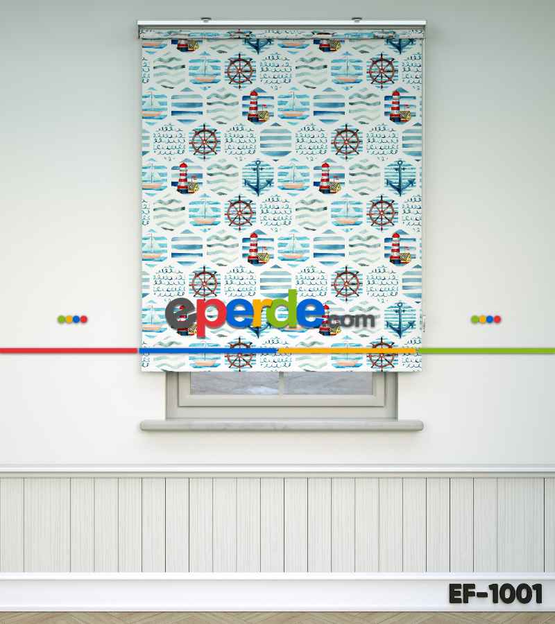 Deniz Feneri Baskılı Stor Perde- Yeşil-mavi-beyaz