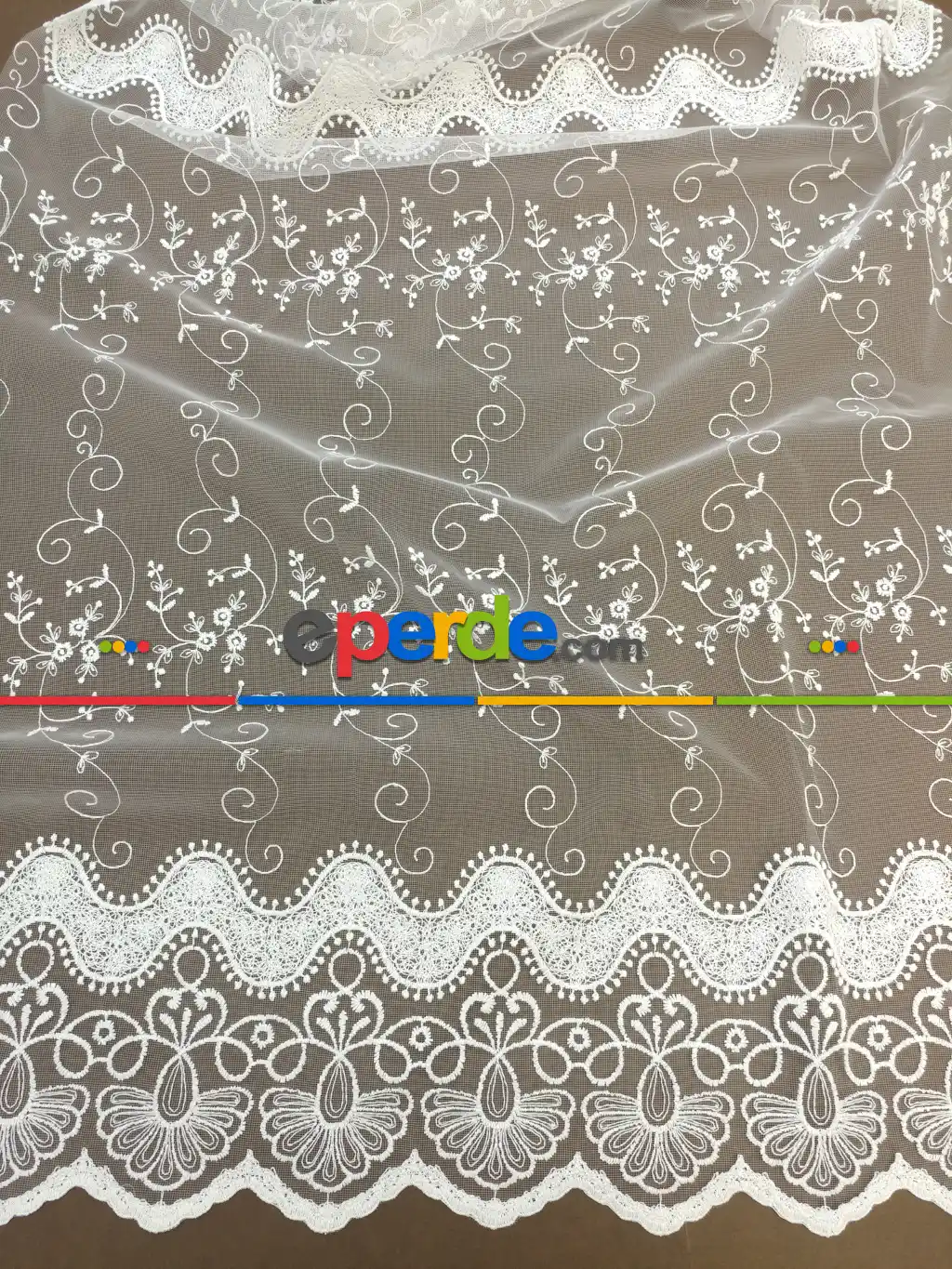 Etek Oymalı Çiçek Desenli Güpür Tül Perde- Ekru