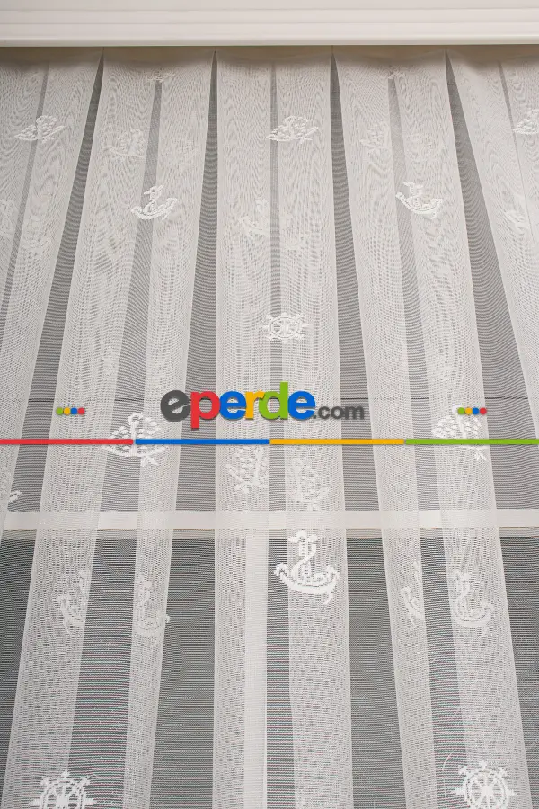 Bebek Odası -  Çocuk Odası Denizci Çapa Desenli Örme Tül Perde