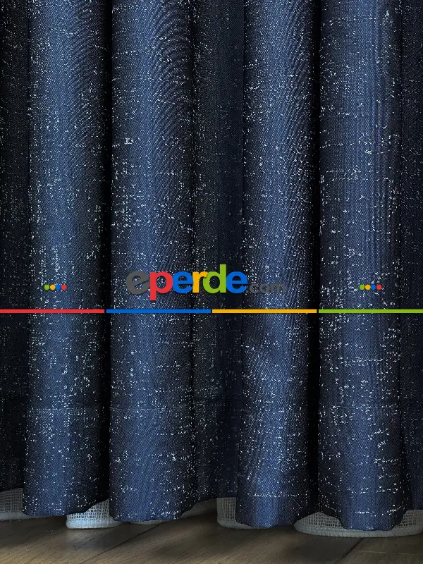 Yatak Odası - Koyu Lacivert Gri Gold Jakar Dokuma Fon Perde, Parlak Zemin