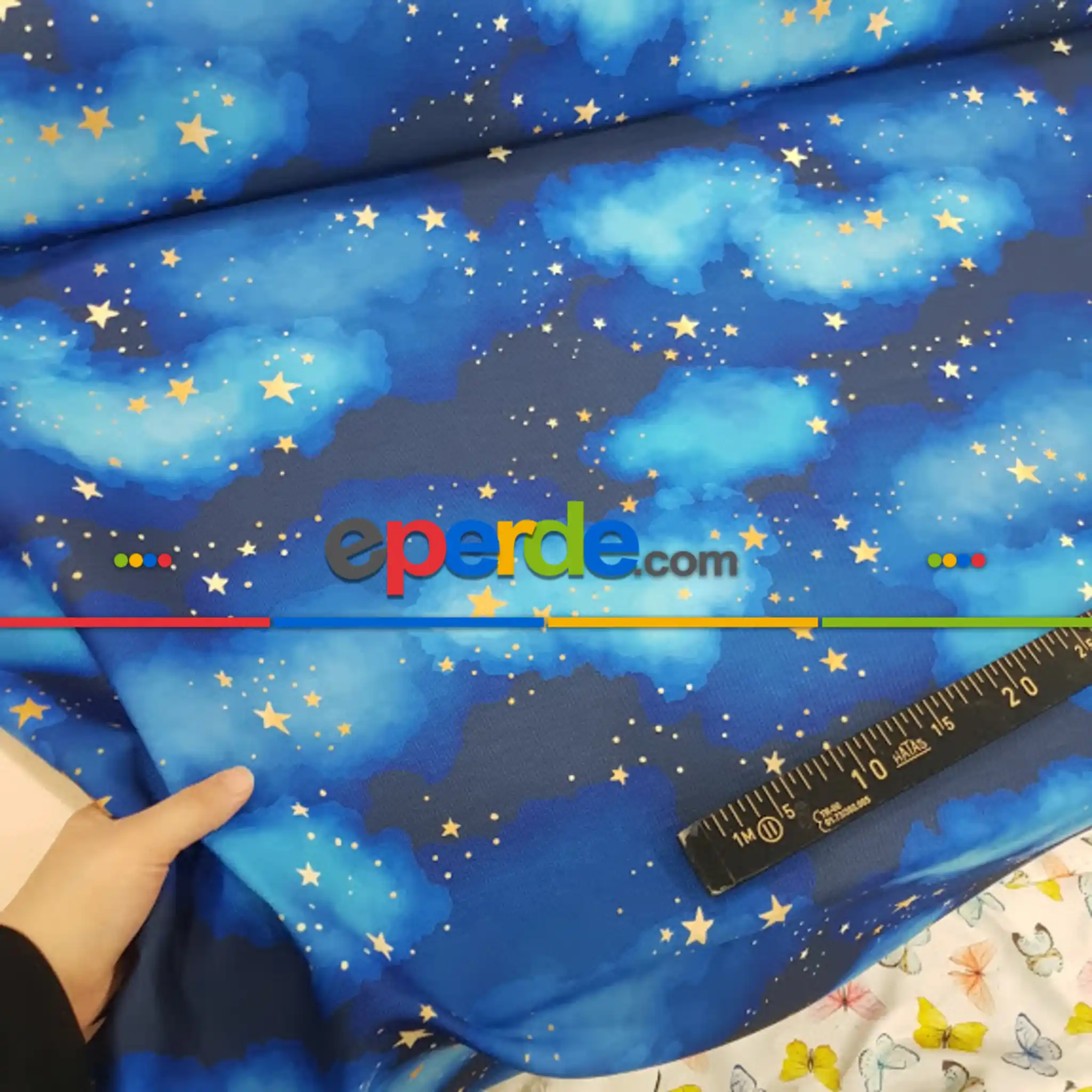 Bebek Odası Fon - Yıldız Ve Gece Desenli Fon Perde Evm678 Kumaşı Kalındır Duck Bezi Değildir- Mavi