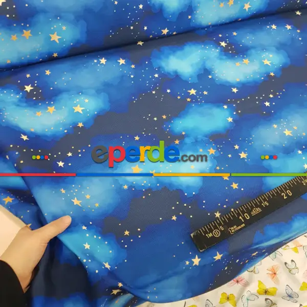 Bebek Odası Fon - Yıldız Ve Gece Desenli Fon Perde Evm678 Kumaşı Kalındır Duck Bezi Değildir- Mavi